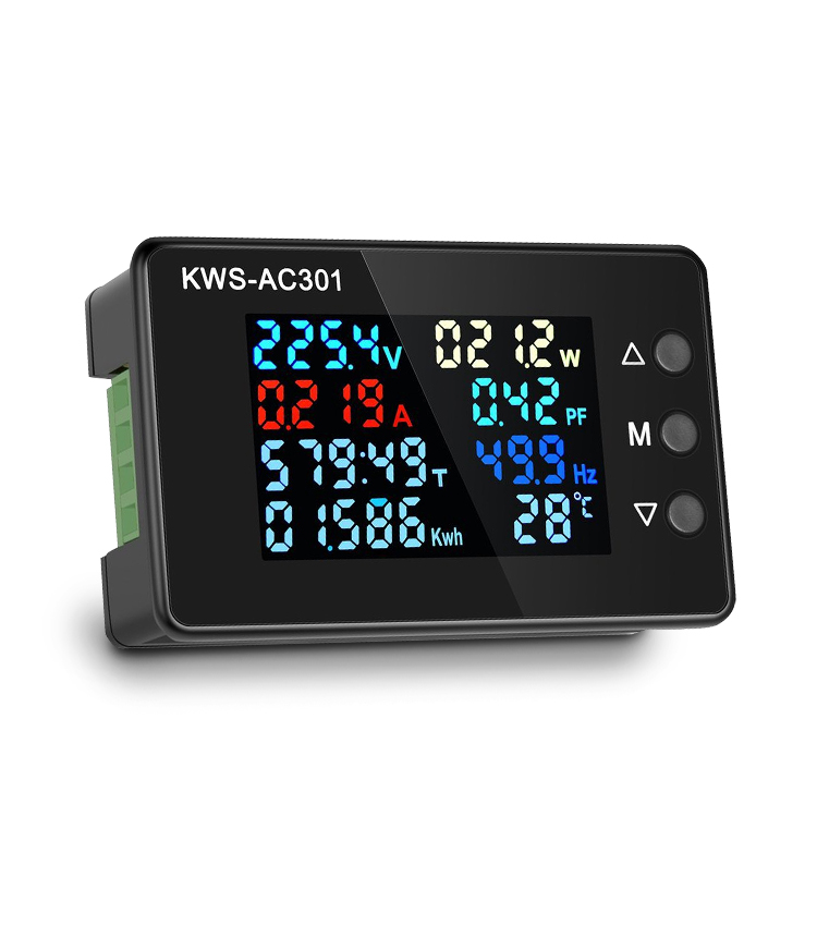 Multimedidor LCD Monofásico KWS-AC301 Alimentação 50~300Vca, Energia (Kw/h), Corrente 0~100A, Temperatura -20~150°C (Acompanha Sensor e TC) e mais 4 Grandezas
