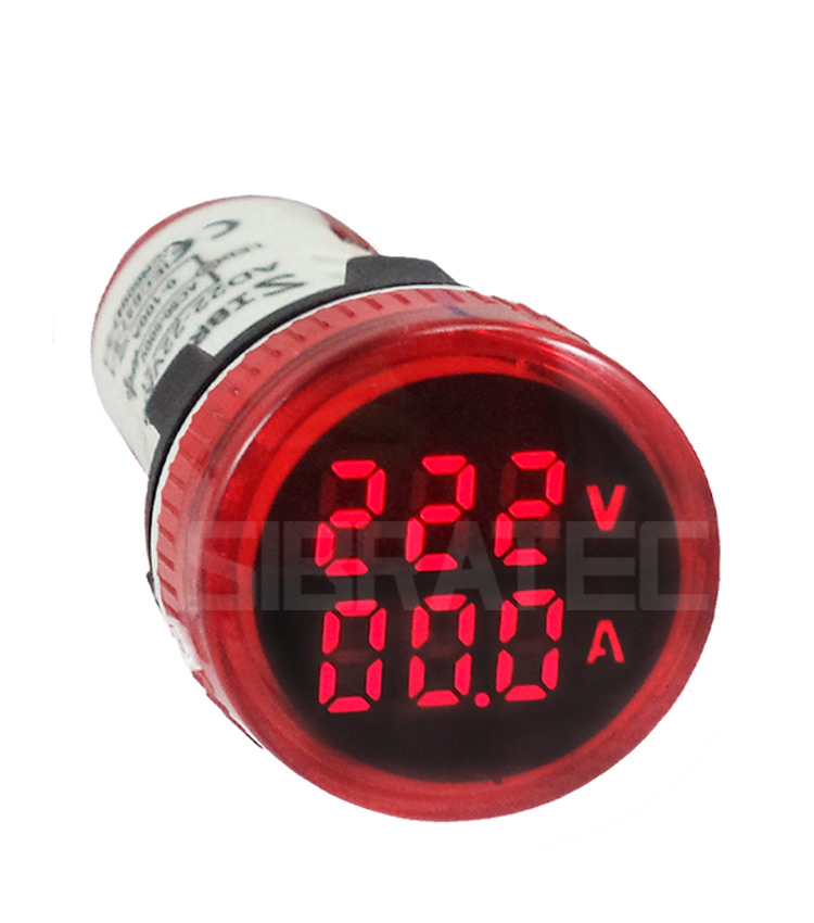 Voltímetro / Amperímetro Digital 22mm Vermelho AD22-22 V/AMP-R  60-500Vca / 0-100A