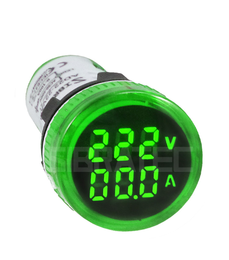 Voltímetro / Amperímetro Digital 22mm Verde AD22-22 V/AMP-G  60-500Vca / 0-100A