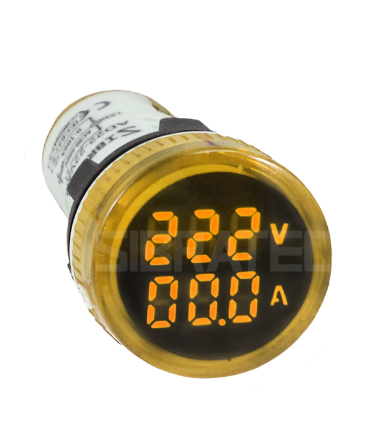 Voltímetro / Amperímetro Digital 22mm Amarelo AD22-22 V/AMP-Y 60-500Vca / 0-100A